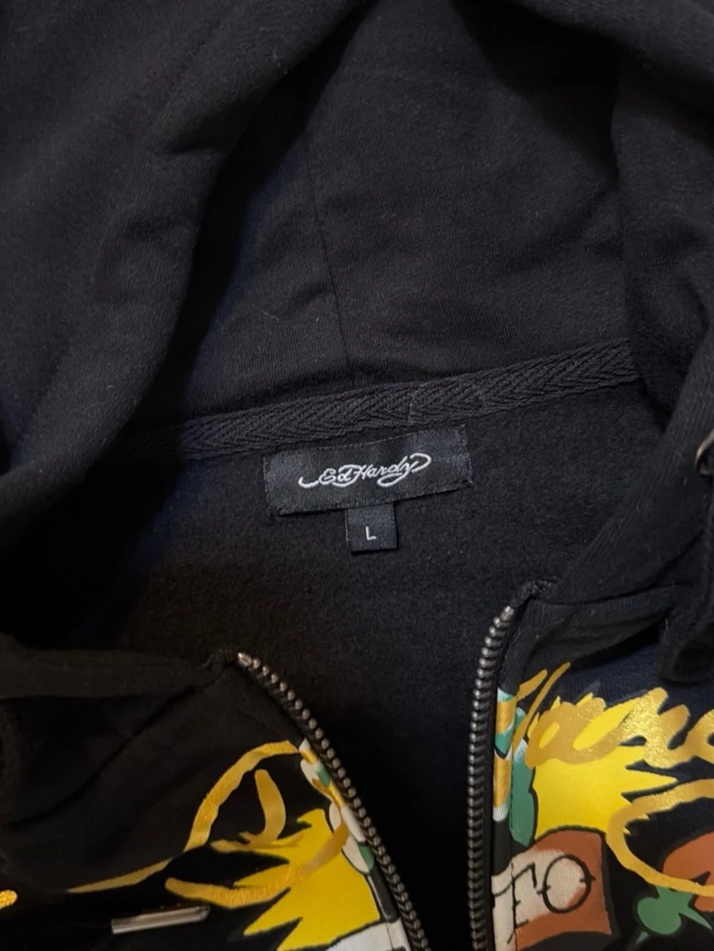 Ed Hardy Black Zip-Up Hoodie with Colorful Tattoo Rose Graphic